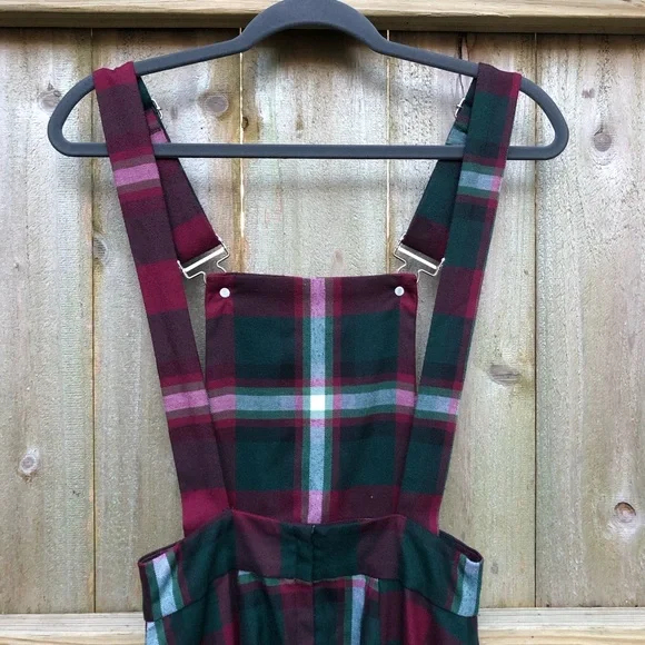 Collectif Kayden Festive Check Dungaree Dress Size XS Red Green Plaid Pinafore - Picture 8 of 14